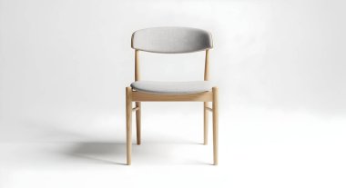 Minimalist bir sandalye, hafif ahşap çerçevesi ve hafif nötr kumaş bir işaret ile parlak, temiz bir arkaplan karşısında zarafet. Potansiyel alanı.