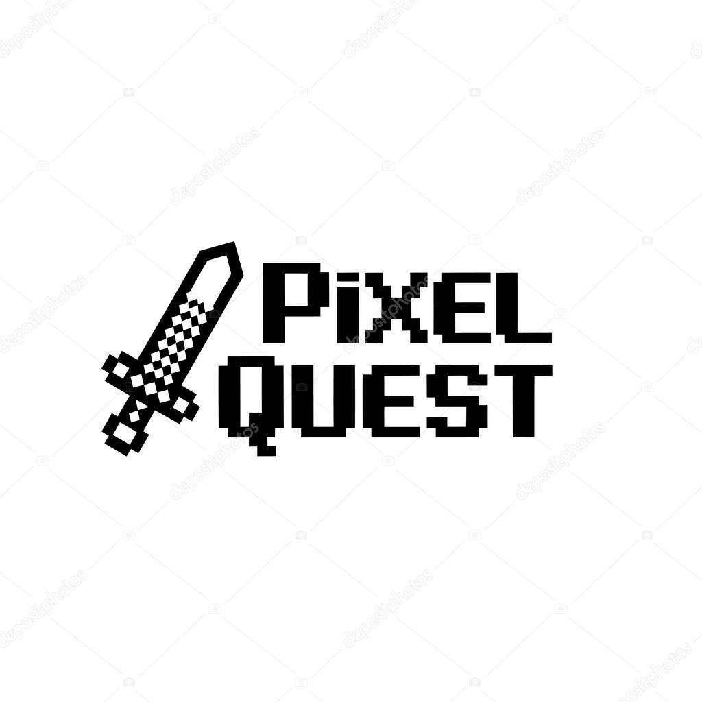 A pixelated sword icon and the words Pixel Quest in bold, black pixelated font evokes classic gaming nostalgia. Perfect for retro game logo designs.
