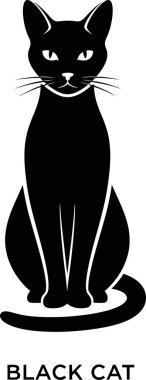 Gösterişli, siyah kedi çizimi, stilize edilmiş bir evcil hayvan sergileniyor. Hayvan kuyruğu kıvrılmış bir şekilde tetikte oturur. Çeşitli tasarımlar için zarif kedi sanatı.