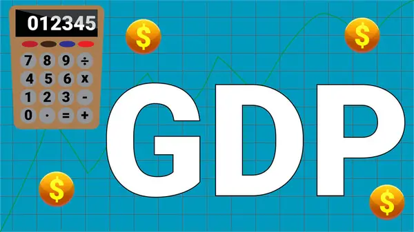 stock vector GDP with Dollar Coin Calculator Growing Line Grid and sky Blue Background