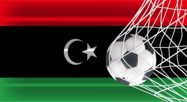 Libya Gölgeli Bayrak, Spor Aksesuar Oyun, Şampiyonluk ve Rekabet Tasarımı İçin Aksesuar Alanında İzole edilmiş Futbol veya Gol Ağı 'ndaki Futbol veya Futbol Oyunları Gerçekçi 3D Vektör Dosyası