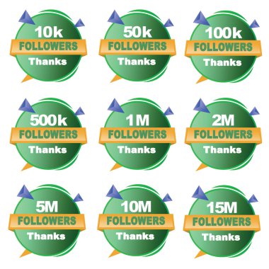 10k 50k 100k 500k 1M 2M 5M 10M and 15M Social Media Follower Badge with Green Theme clipart