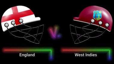 İngiltere, Batı Hint Adaları 'na karşı Animasyon, miğferlerdeki bayraklar ve renkli kenarlıklarla hepsi siyah arkaplan üzerine yazılmış metinler üzerinde eşleşiyor