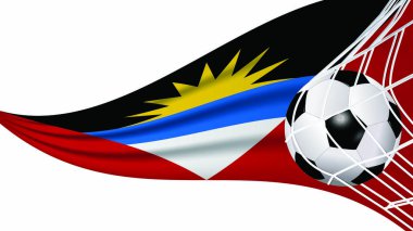 Futbol topu Antigua ve Barbuda bayrak dalgalı spor aksesuar ekipmanları ve sallanan bayrak illüstrasyon vektörü ile gol ağında.