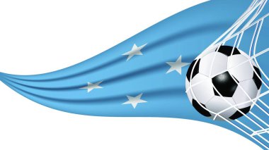 Futbol topu, Federal Mikronezya Eyaletleri 'nin dalgalı bayrak aksesuar ekipmanları ve dalgalı bayrak illüstrasyon vektörüyle kale kalesinde.