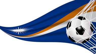 Marshall Adaları 'nın dalgalı bayrağı, spor aksesuarları ve sallanan bayrak illüstrasyonuyla futbol topu gol ağında.