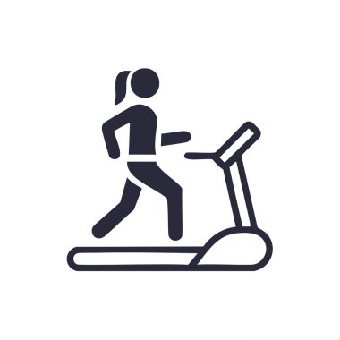 Koşu bandı ikonu üzerinde koşan bir kadın. Koşu bandında egzersiz yapan bir kadını tasvir eden basit bir ikon. Fitness, sağlık ve refahla ilgili projelerde kullanılmaya elverişli.