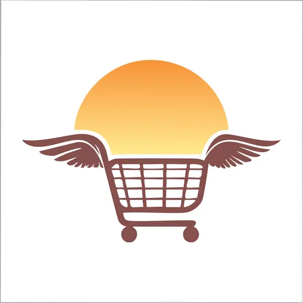 stock vector Flying shopping cart with sunset. A stylized shopping cart with wings takes flight against a sunset backdrop. This vibrant icon symbolizes fast and efficient delivery.