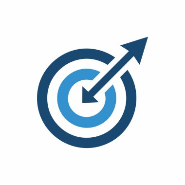 Ok ikonlu hedef. Yükselen oklu mavi hedef simgesi başarıyı, ilerlemeyi ve başarıyı simgeliyor.