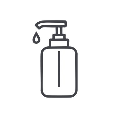 Dispenser şişe çizgisi simgesi. Pompalı bir şişe ve bir damla sıvı içeren basit bir çizgi ikonu. Hijyen, temizlik ve güzellikle ilgili tasarım projelerinde kullanım için ideal.