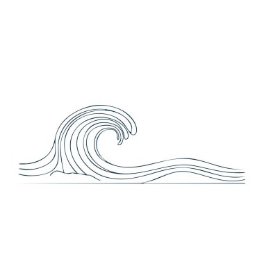 Basit bir okyanus dalgası çizimi. Tek bir stilize dalganın yer aldığı minimalist çizgi çizgisi çizimi. Dekoratif amaçlar ve okyanusu temsil etmek için mükemmel..
