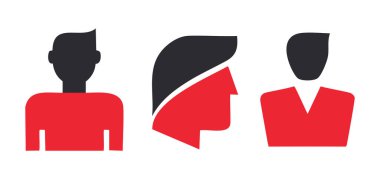Basit erkek avatar simgesi seti. Siyah ve kırmızı renk düzeninde üç basit erkek avatar simgesi. Çevrimiçi profiller, web tasarımı ve markalaşma için ideal.