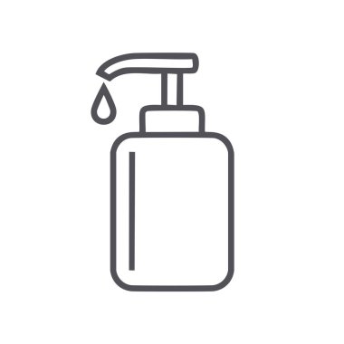 Dispenser şişe ikonu. Bir şeker şişesinin bir damla sıvıyla basit bir sanat simgesi. Hijyen, temizlik ve güzellik için mükemmel bir tasarım..