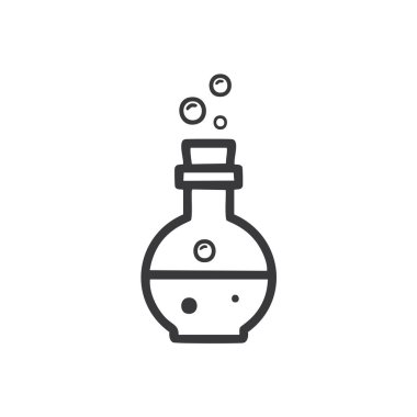 Baloncuklu iksir şişesi. Sıvıdan kabarcıklar çıkan bir iksir şişesinin basit sanat simgesi. Sihir, simya ve fantezi ile ilgili tasarımlar için mükemmel..