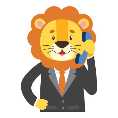 Takım elbiseli aslan telefonda konuşuyor. İş elbisesi, kravat ve kulağına telefon takmış neşeli bir aslan profesyonel ve dost canlısı bir kişilik taşıyor..