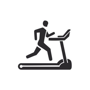 Koşu bandı egzersiz ikonu. Koşu bandında egzersiz yapan, fitness ve aktif yaşam tarzını tasvir eden siyah ve beyaz siluet simgesi.