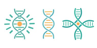 DNA çift sarmal varyasyonları, soyut bilim sembolleri. Soyut genetik bilim kavramlarını temsil eden çift sarmal şekillerinin renkli çizimleri.