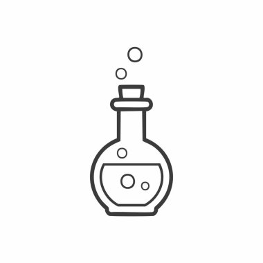 Köpüren iksir şişesi ikonu. Kapağı mantarlı cam bir şişenin basit çizimi ve içinde sıvı kabarcıklar var..