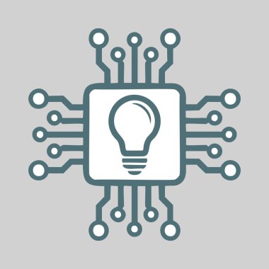 Ampullü dijital yenilik kavramı. Bir devre kartının içinde dijital yenilik ve teknoloji fikrini temsil eden bir ampulü tasvir eden soyut sembol.