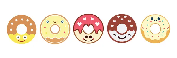 stock vector Cute smiling doughnuts collection. Adorable cartoon donuts with various colorful toppings and happy expressions, perfect for bakery branding or dessert-themed designs.