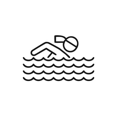 Okyanus dalgaları çizgisi ikonu içinde yüzücü. Suyun tadını çıkaran bir yüzücüyü gösteren basit bir çizgi simgesi. İnternet siteleri, uygulamalar ya da yüzme, su sporları ya da yaz hakkında sunumlar için mükemmel..