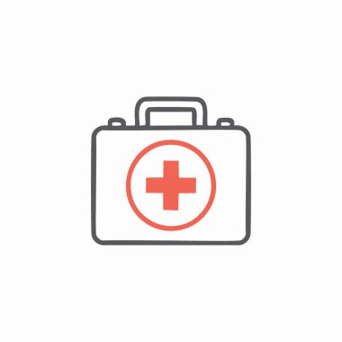 İlk yardım çantası simgesi tasarımı. Beyaz zemin üzerinde kırmızı haç sembolü bulunan bir ilk yardım çantasının basit çizgisi tasarımı.