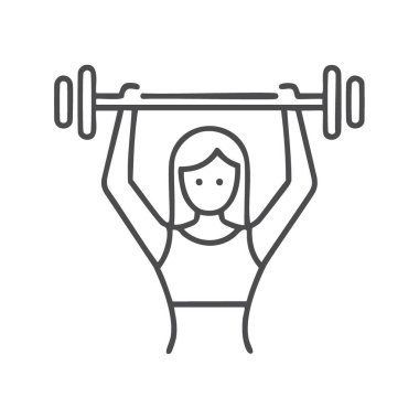 Ağırlık kaldıran kadın egzersiz ikonu. Ağırlık kaldıran, formda ve güçlü bir eğitim konsepti gösteren bir kadının çizgi çizimi.