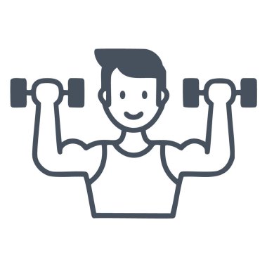 Ağırlık kaldıran adam egzersiz ikonu. Spor yaparken dambılları kaldıran bir adamın basit bir simgesi. Fitness, spor ya da sağlık projeleri için mükemmel.