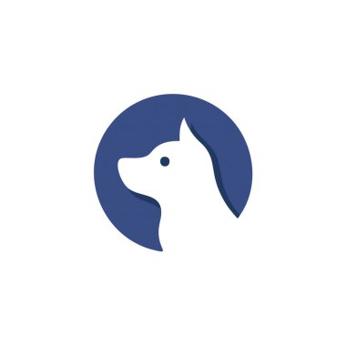 Köpek kafası çember logosu tasarımı. Mavi dairenin içinde beyaz köpek kafası olan basit ve modern bir logo tasarımı. Hayvanlarla ilgili işler için mükemmel..