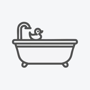 Kauçuk ördek desenli küvet. Kauçuk ördekli bir küvet çizgisi simgesi. Banyo, hijyen ya da rahatlama teması için mükemmel..