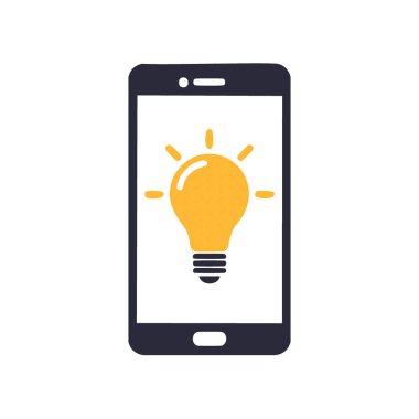 Ampul ikonlu cep telefonu. Parlayan bir ampulü gösteren akıllı telefon ekranının tasviri, yeniliği ve fikirleri sembolize ediyor.
