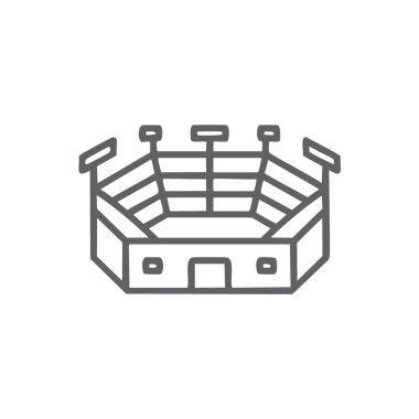 Stadyum ana hatları ikon vektör illüstrasyonu. Açık tribünleri, ışıkları ve girişi olan basit bir stadyum çizimi. Spor, yarışma ve etkinlik grafikleri için harika.