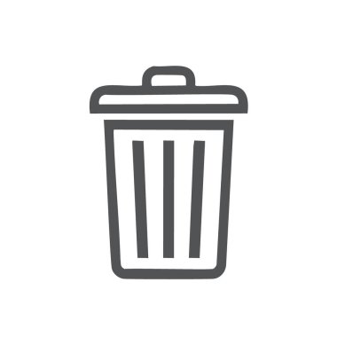 Çöp kutusu simgeyi özetliyor. Kapaklı bir çöp kutusunun basit siyah beyaz taslak simgesi. Web sitesi tasarımı, mobil uygulamalar ve kullanıcı arayüzü için ideal.