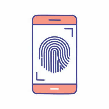 Parmak izi tarayıcı akıllı telefon güvenliği. Telefonunuzu modern bir parmak izi tarayıcısıyla güvene alın. Bu resimde ekranda parmak izi taraması olan bir akıllı telefon resmedilmiş..