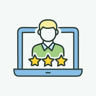 Çevrimiçi profil ve mükemmel geri bildirim. Bir kişinin profilini pozitif geri bildirim yapan üç yıldızlı bir bilgisayar ekranının canlandırması.
