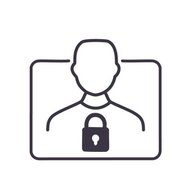 Güvenli kullanıcı profili simgesi. Koruma ve güvenliği sembolize eden asma kilitli bir kullanıcı profilinin basit satır simgesi. Web, uygulama ve tasarım projeleri için mükemmel.