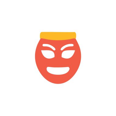 Kaşları ve gülüşü olan mutlu bir maske. Büyük bir gülümsemesi ve kaşları olan mutlu kırmızı bir maskenin çizgi film çizimi..