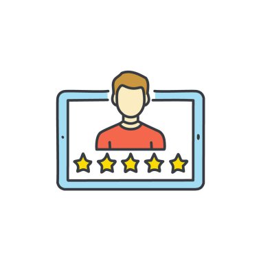 Müşteri geri bildirimi ve tablete göre değerlendirme. Tablet ekranında beş yıldızlı bir müşteri profilinin simgesi, olumlu geri bildirim ve memnuniyeti temsil eder.