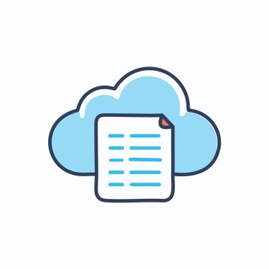 Bulut veri depolama ve belge yönetim simgesi. Bulut içindeki bir dosya belgesini tasvir eden renkli simge, güvenli veri depolama ve belge yönetimini sembolize ediyor.