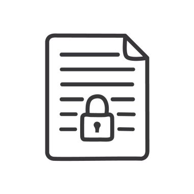 Belge simgesini güvene al. Güvenli veri ve mahremiyeti temsil eden, asma kilitli bir belgeyi tasvir eden basit bir satır sanat simgesi.