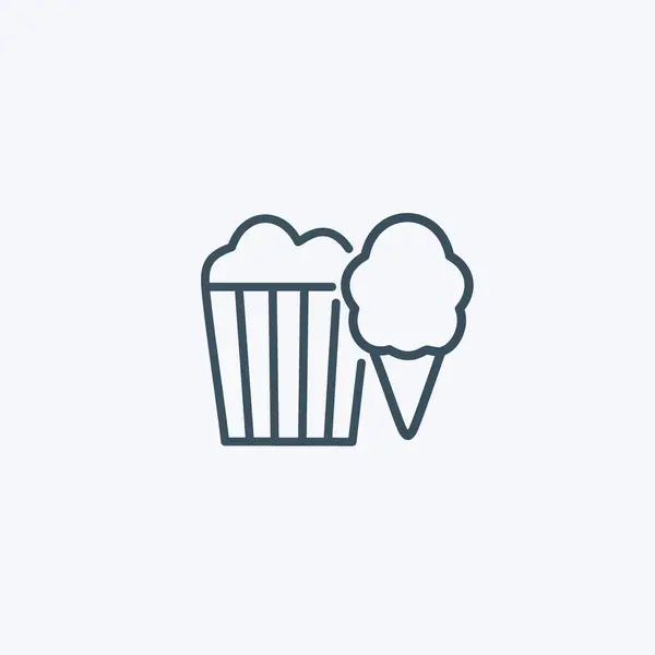 stock vector Popcorn and ice cream line icon. A simple line icon depicting a bucket of popcorn and an ice cream cone, symbolizing a classic movie theater snack combination.