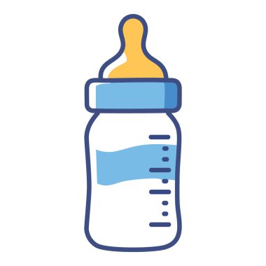 Bebek şişesi ikonu. Basit ve şirin bebek besleme şişesi klibi çizimi. İçinde süt veya formül olan mavi ve sarı bir tasarım..