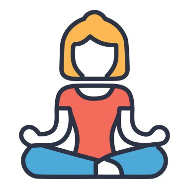 Huzurlu meditasyon pozu. Bu renkli ikon rahatlatıcı meditasyon duruşu, farkındalığı ve refahı sembolize eden bir kişinin huzur bulduğunu gösteriyor..