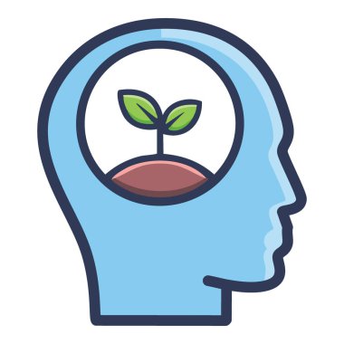 Fikir ve yaratıcılık kavramı. Yenilik ve ilhamı temsil eden bir illüstrasyon, insan kafasının içinde filizlenen bir fidan, yeni kavramları sembolize ediyor..