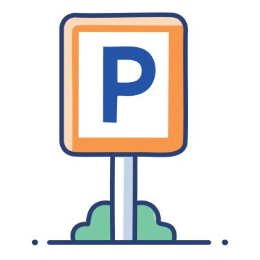 Park yeri simgesi tasarımı. Turuncu arka planda mavi harfli bir park yeri illüstrasyonu..