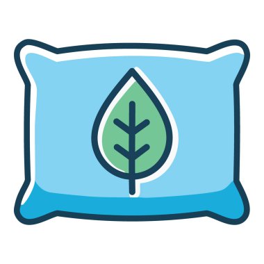 Çevre dostu yastık ikonu. Ortasında yeşil bir yaprak olan mavi bir yastık. Çevre dostu ve doğal maddeleri temsil ediyor. Sürdürülebilirlik ve konfor için ideal.