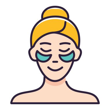 Göz bandı takan bir kadın. Yüzüne göz bandı yapıştıran bir kadının çizgi film çizimi.