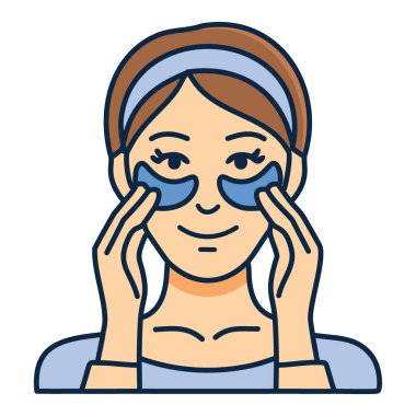 Cilt bakımı için göz bandı takan bir kadın. Genç bir kadın cilt bakımı için göz bandı yapıştırıyor. Gülümsüyor ve güzellik rutiniyle mutlu görünüyor..