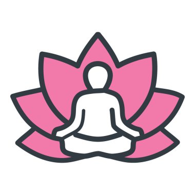 Yoga meditasyon nilüfer çiçeği ikonu. Nilüfer çiçeğinin içinde meditasyon yapan birinin basit bir çizgisi. Barışın, huzurun ve iç huzurun sembolü..