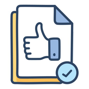 Onaylanmış belge başparmaklar yukarı simgesi ile. Onaylama ve olumlu geri bildirimi temsil eden, onay simgesi ve onay işareti olan bir belgenin renkli çizimi.